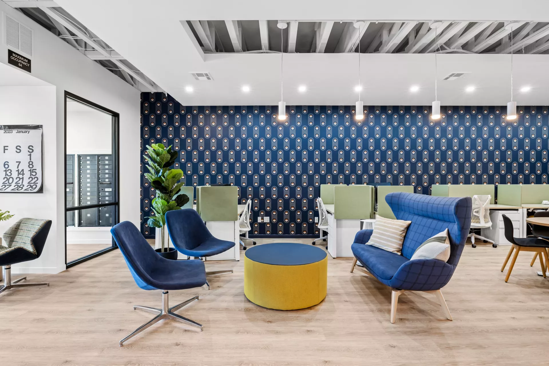Large coworking area with blue seats and planters in a bright, well lit office space