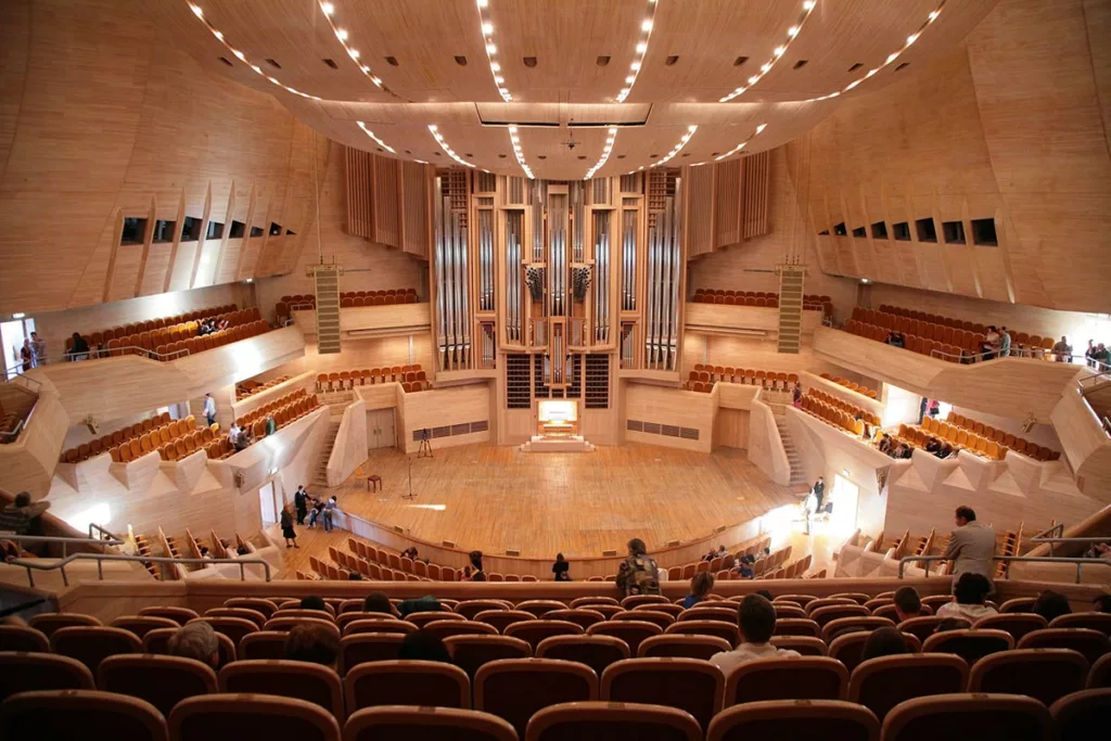 concert hall designed with architectural acoustics. No hard angles. 